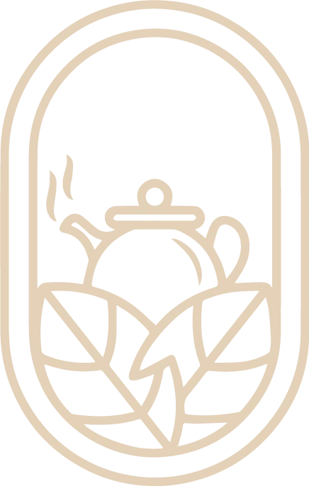 logo du bel instant qui represente en vectoriel une theire fumante au devant de deux feuille de thé entrecroisées